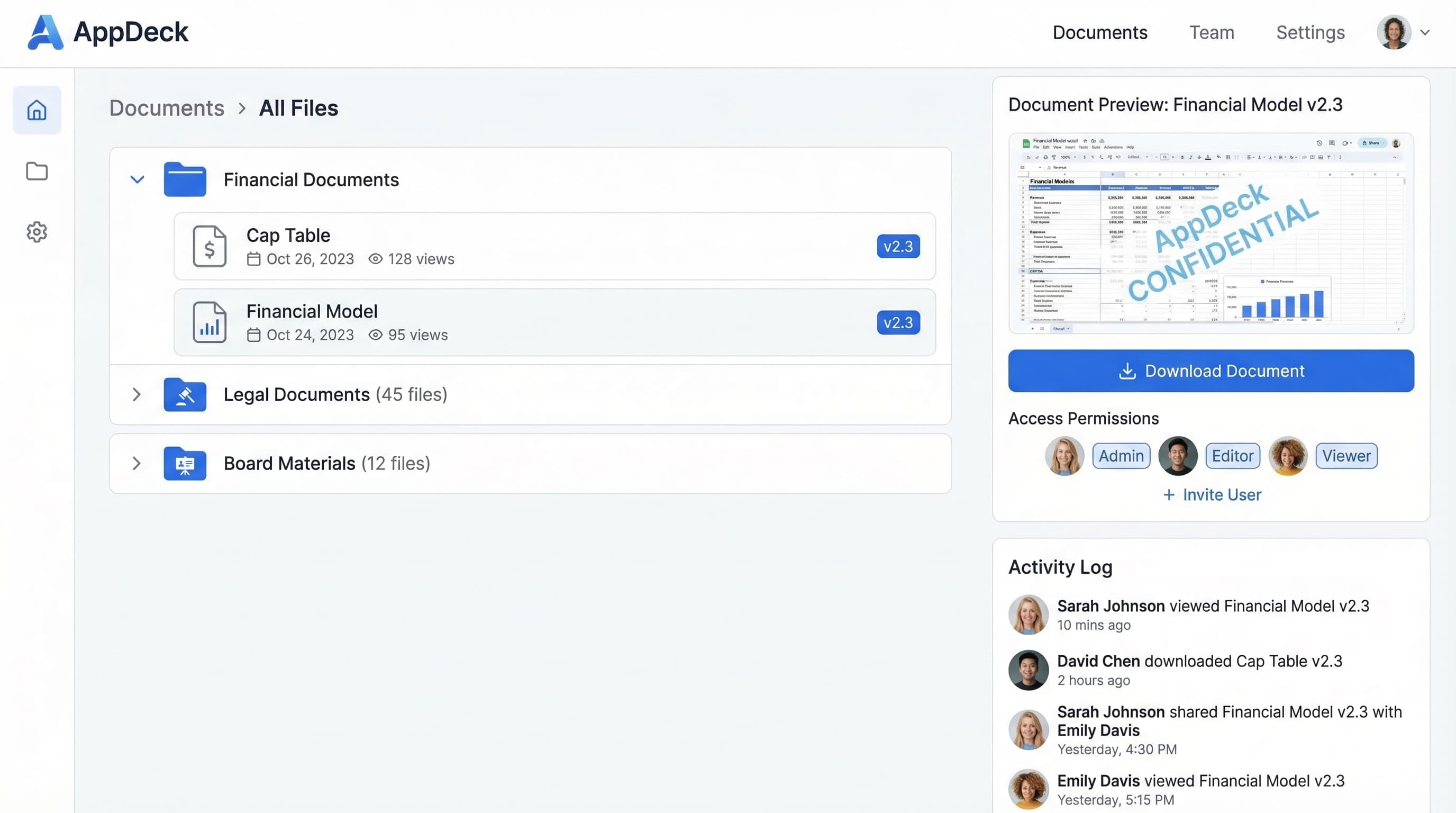 AppDeck document management with organized folders, version control, and access permissions