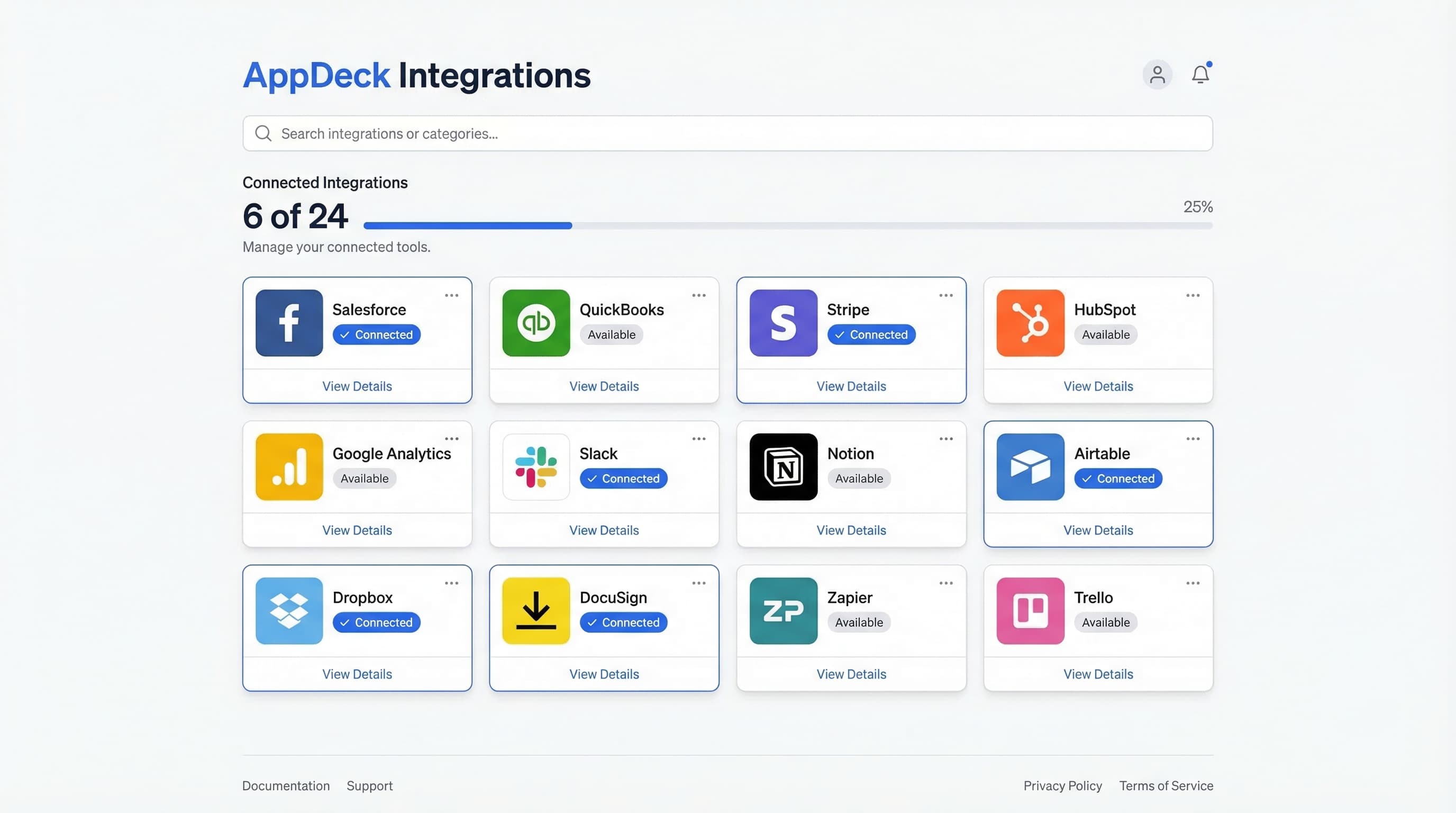 AppDeck integrations marketplace for CRM, accounting, analytics, and collaboration tools