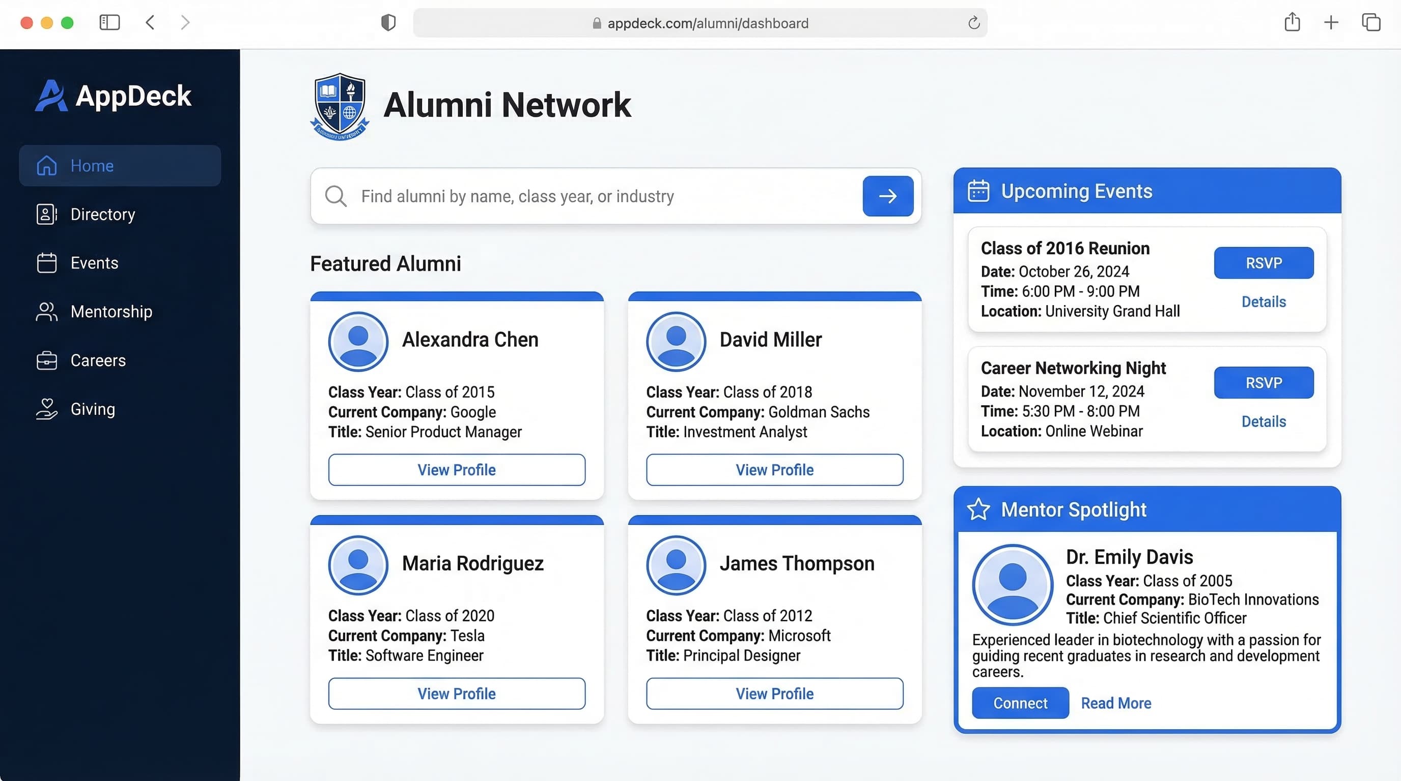 AppDeck alumni portal showing alumni directory, events, mentorship matching, and career resources
