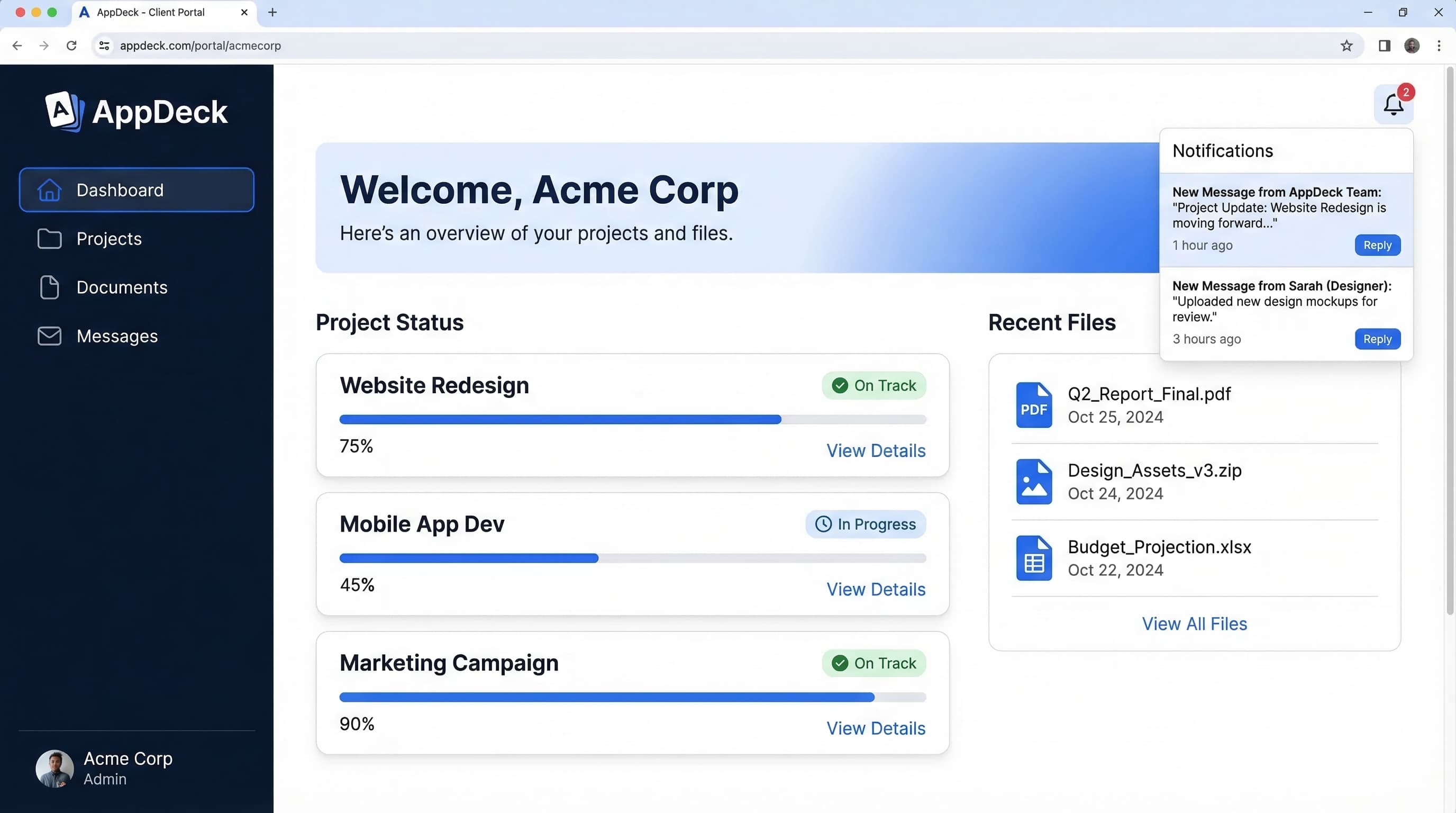AppDeck client portal showing project tracking, deliverables, and client dashboard