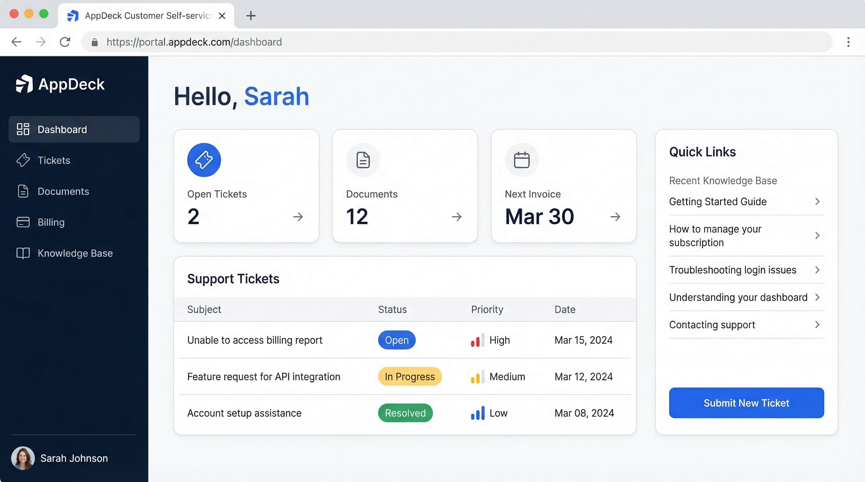 AppDeck customer portal showing support tickets, documents, and self-service dashboard