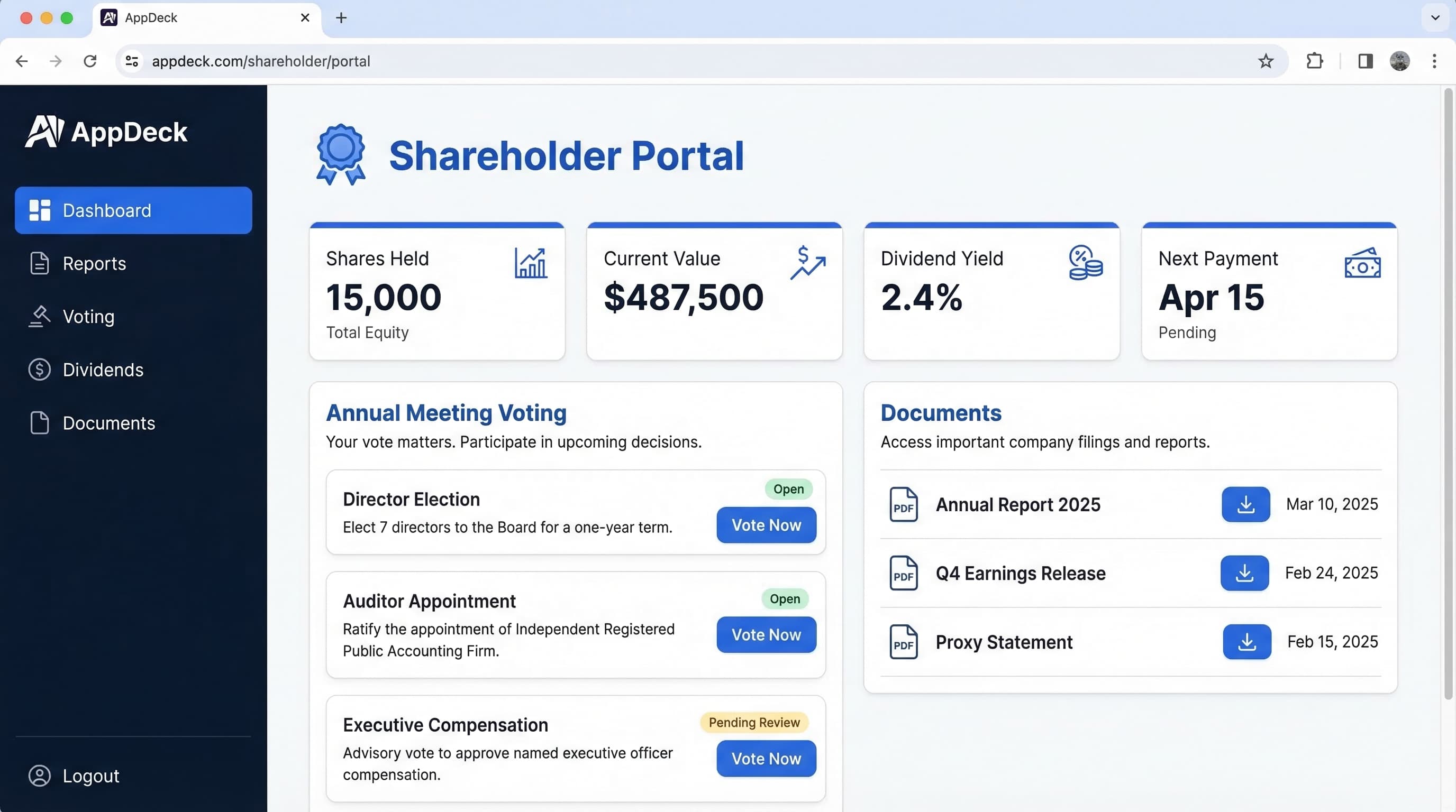 AppDeck shareholder portal showing proxy voting, annual reports, dividend information, and documents