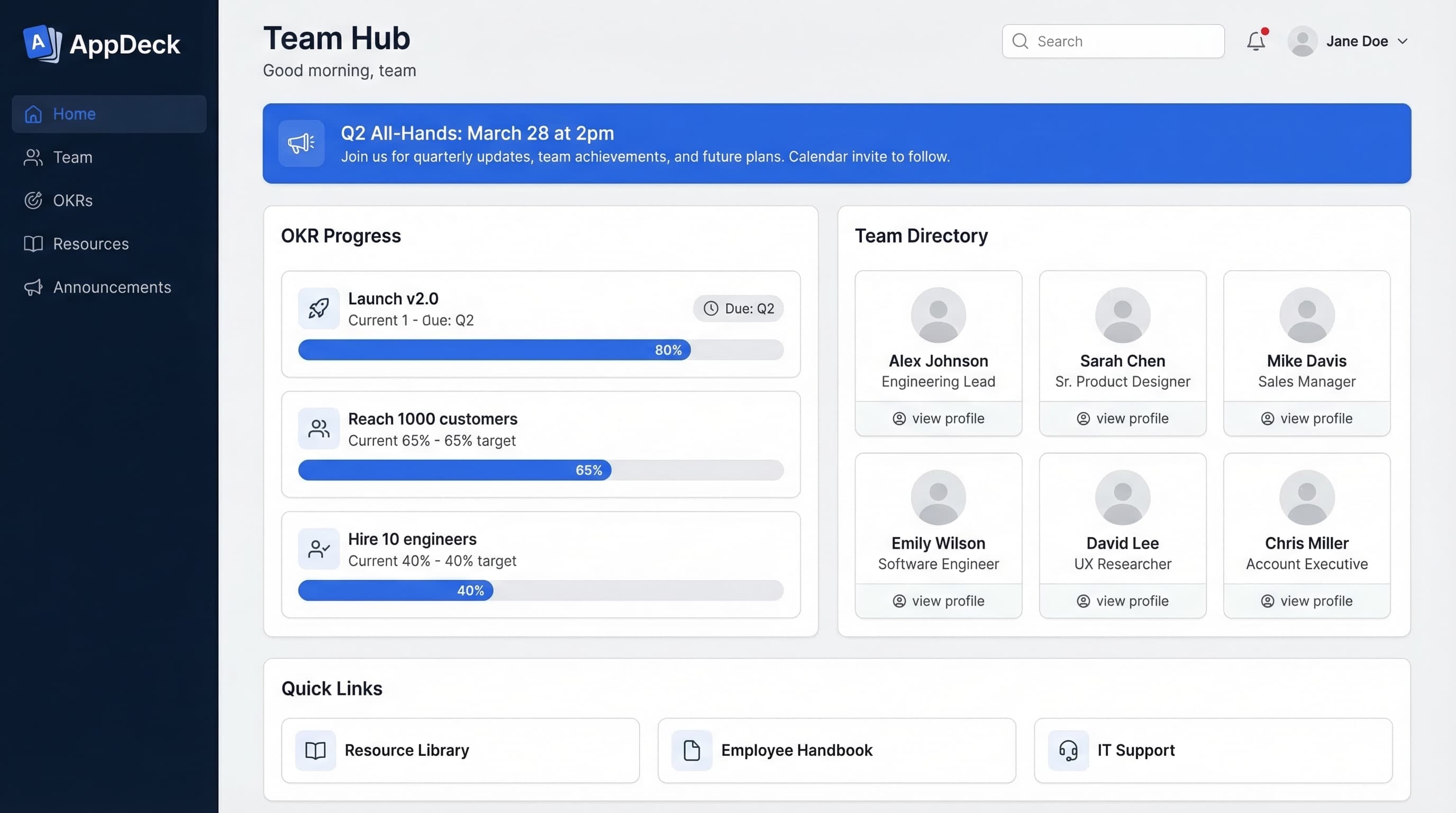 AppDeck team portal showing OKR progress, team directory, announcements, and resource library