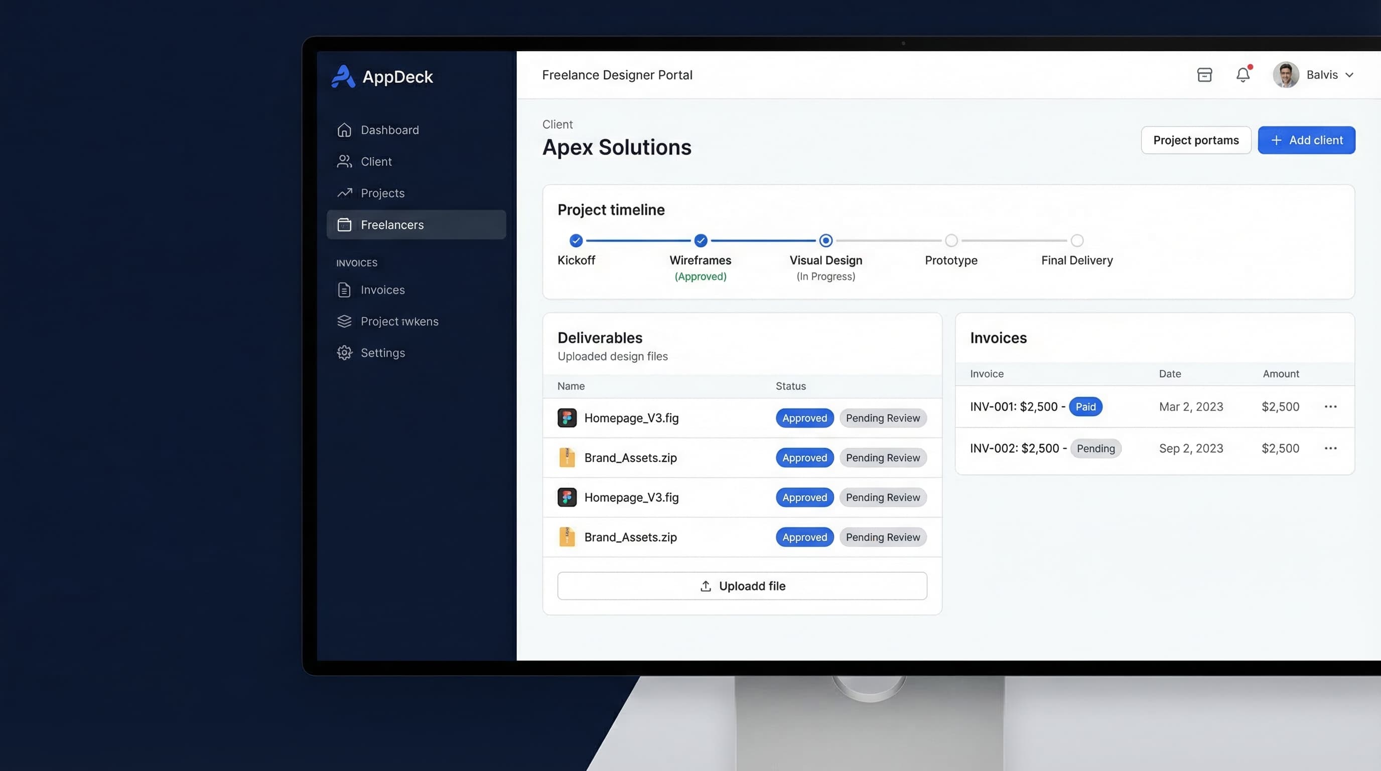 AppDeck freelancer client portal with project timeline, deliverables, and invoicing