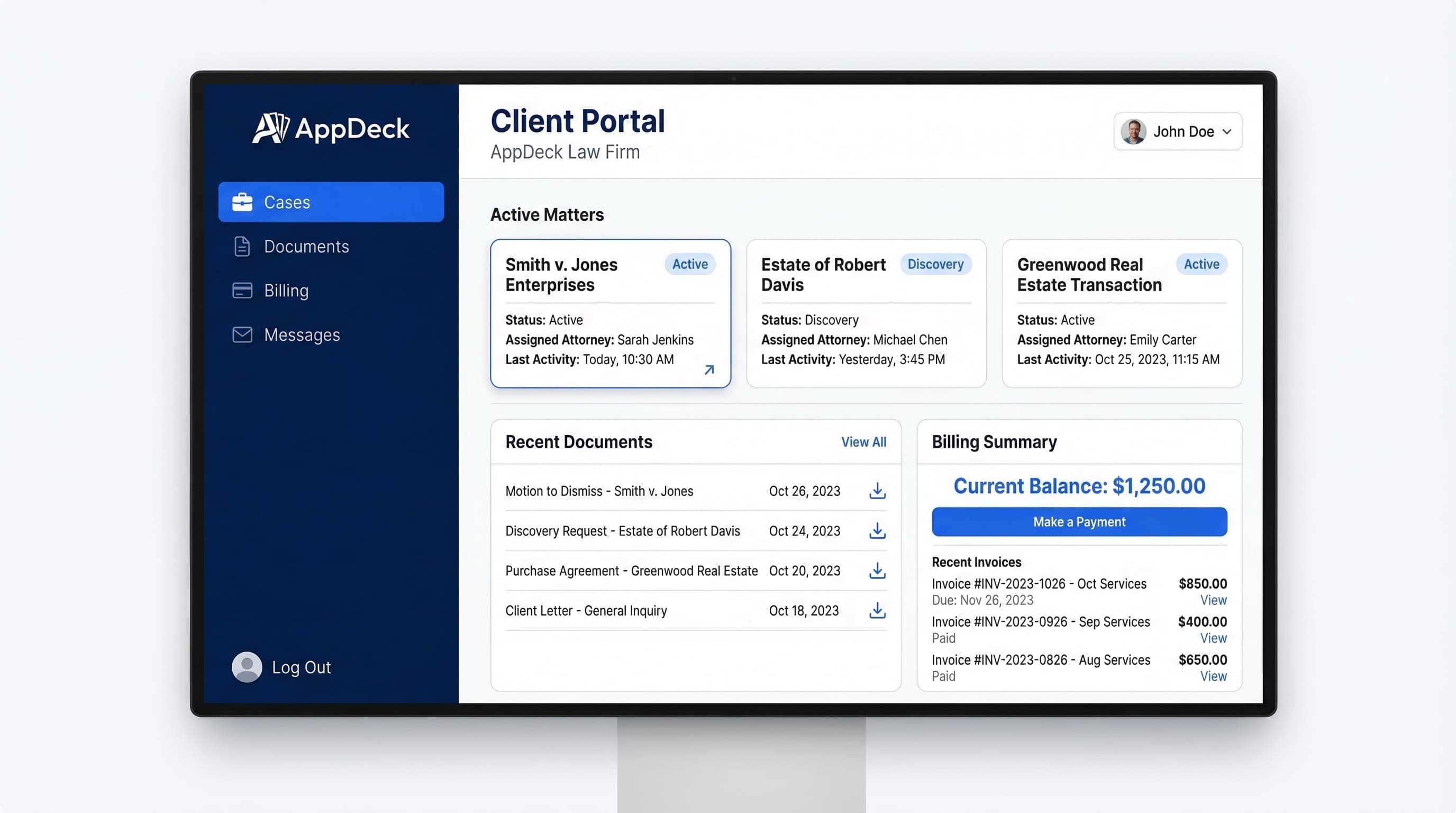 AppDeck law firm client portal with case management, documents, and billing