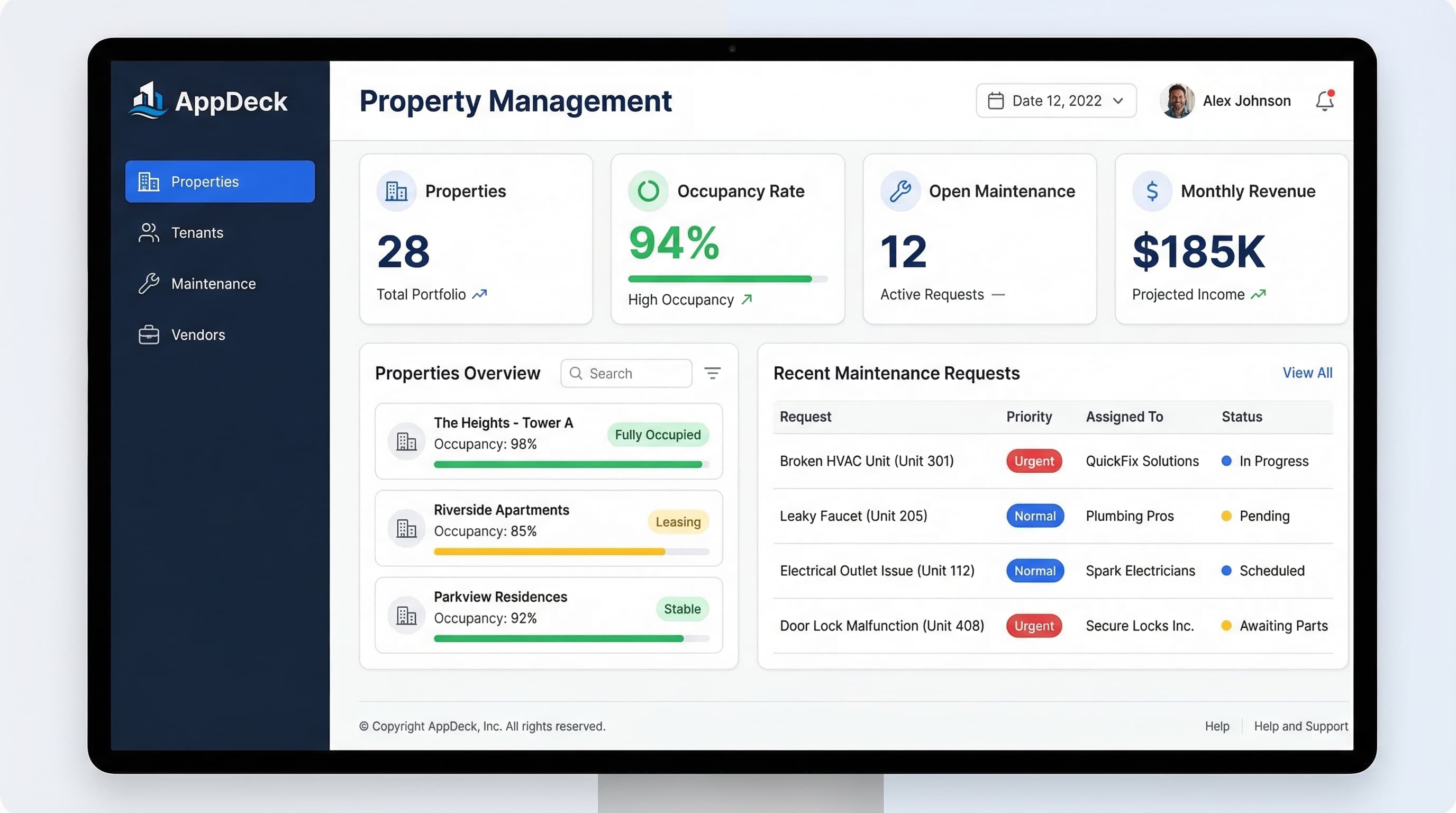 AppDeck real estate portal with property management, tenants, and maintenance tracking