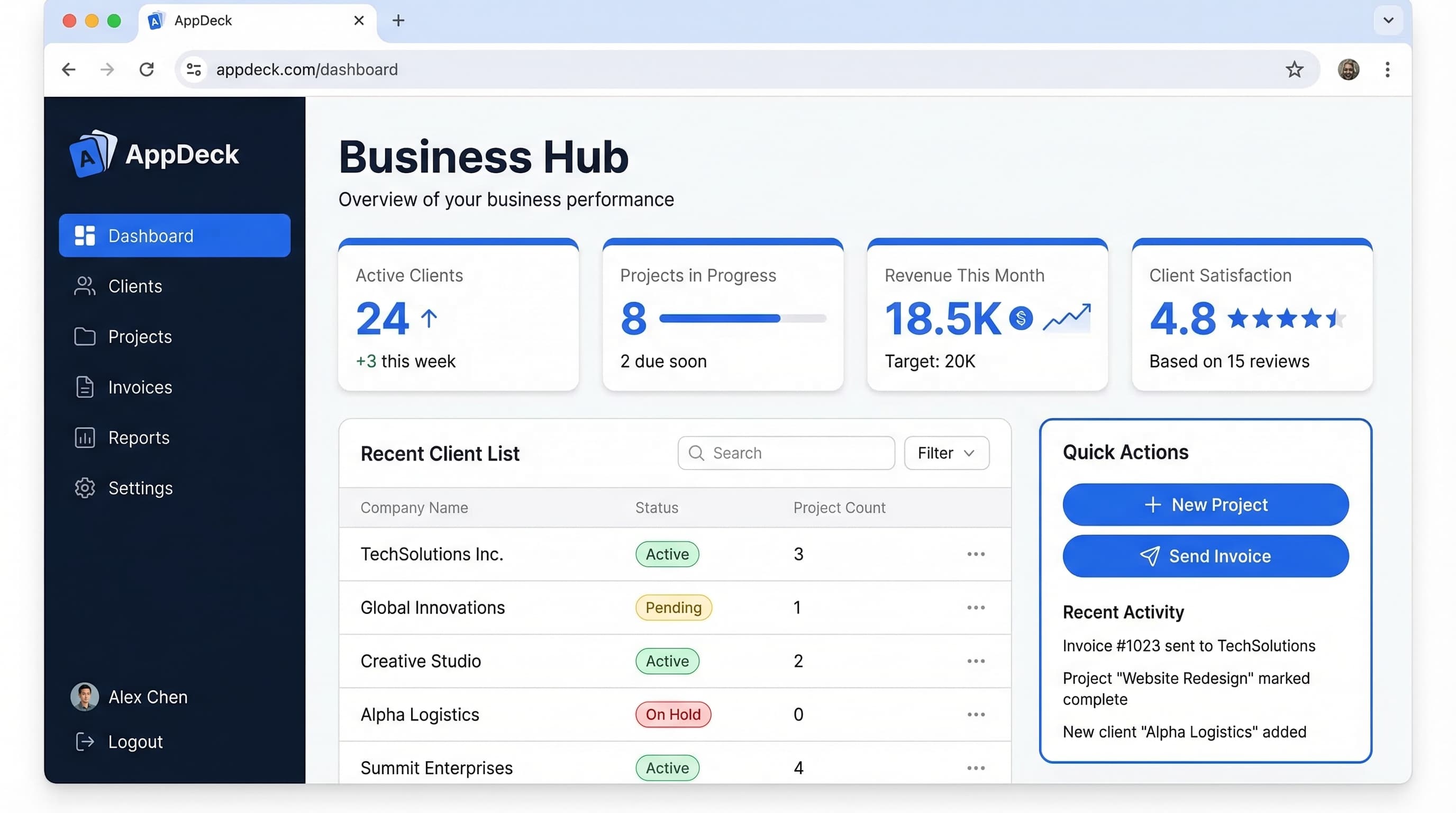 AppDeck small business portal with client management, projects, and revenue tracking