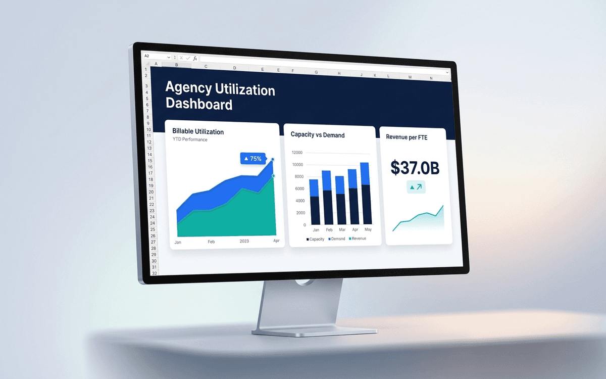 Preview of agency utilization dashboard template showing billable utilization, capacity, revenue per FTE, and project margin