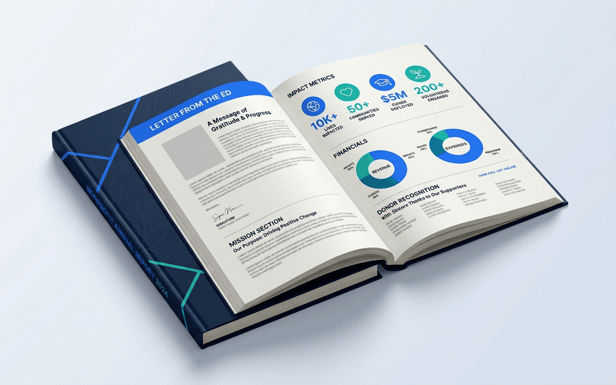 Preview of nonprofit annual report template showing mission, impact metrics, financial summary, donor recognition, and looking-ahead sections