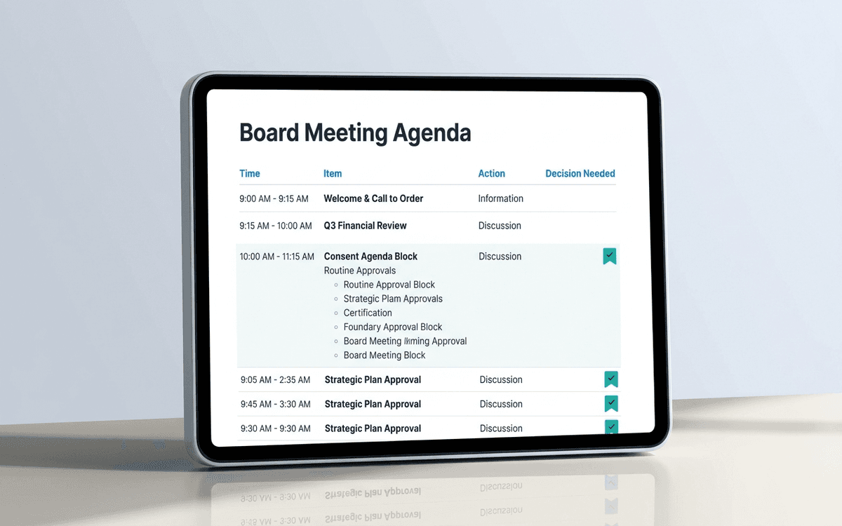 Preview of board meeting agenda template showing timing column, owner column, decision flags, and consent agenda block