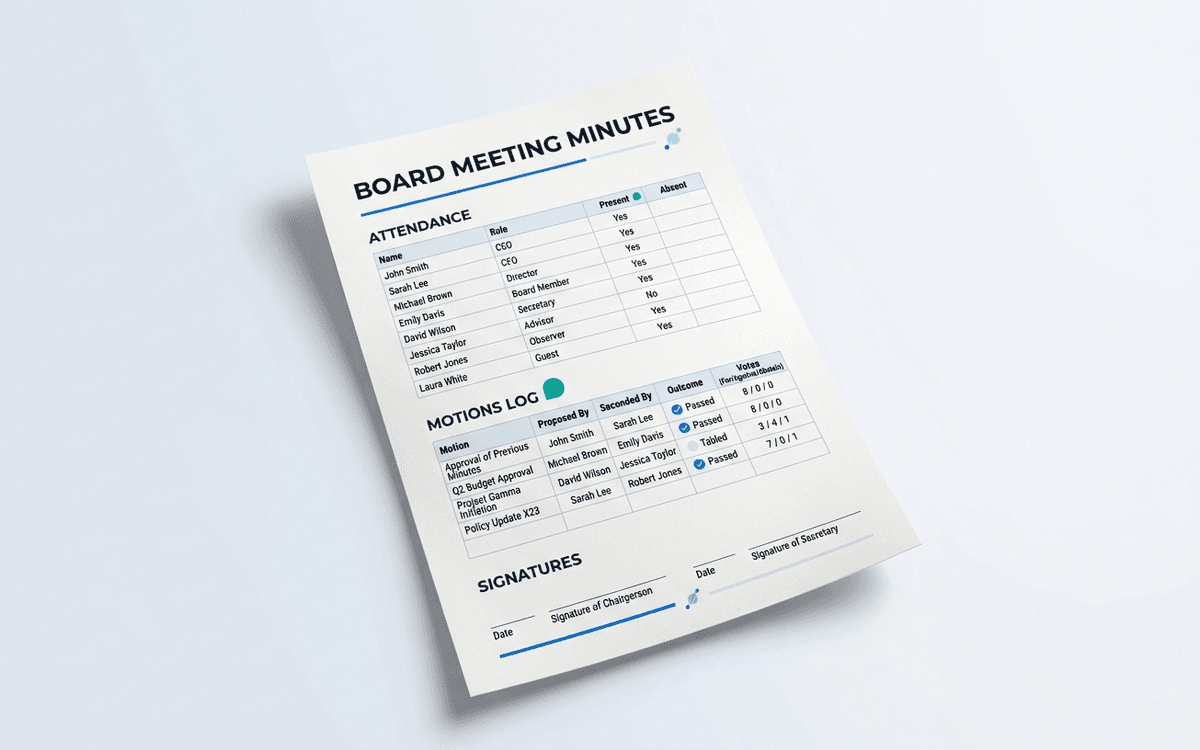 Preview of board meeting minutes template showing attendance, agenda items, motions, votes, and action items sections