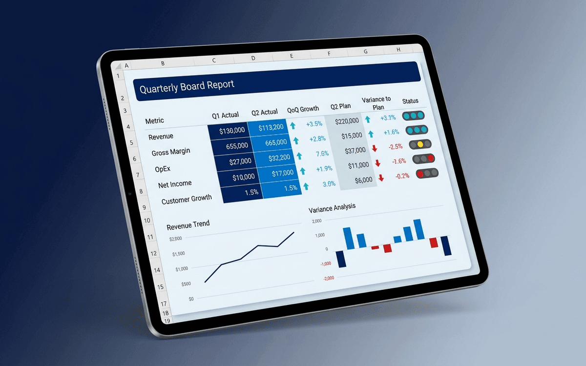 Preview of board reporting dashboard template showing headline metrics, financial summary, KPI tracking, and quarter-over-quarter trends