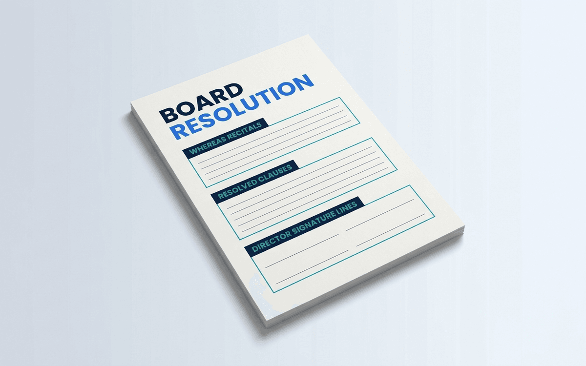 Preview of board resolution template showing recitals, resolved clauses, and director signature block
