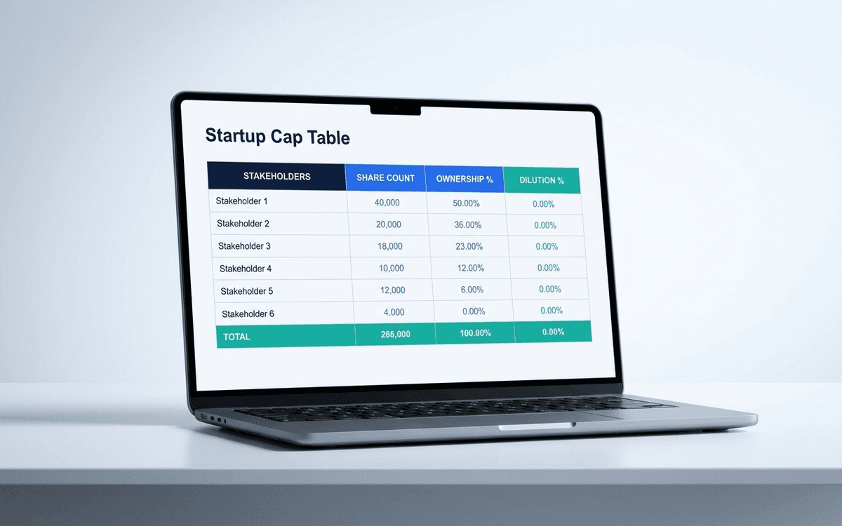 Preview of cap table template showing stakeholder columns, share counts, SAFE conversions, priced-round dilution, and fully-diluted ownership percentages