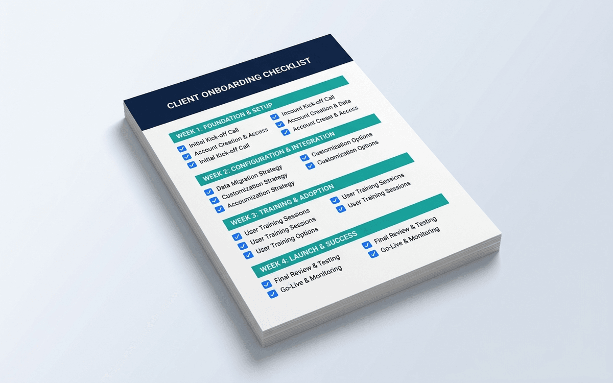 Preview of client onboarding checklist template showing pre-kickoff, week 1, week 2, week 3, and end-of-month-1 sections with check items