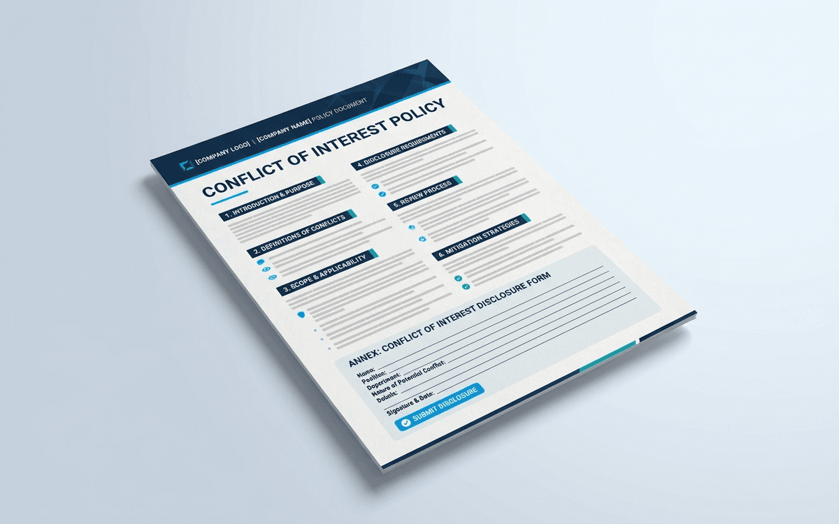 Preview of conflict of interest policy template showing policy statement, disclosure requirements, recusal process, annual review, and disclosure form