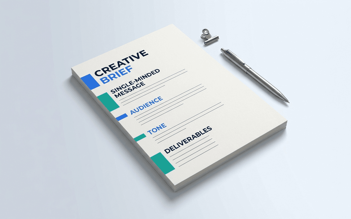 Preview of creative brief template showing project background, objective, audience, single-minded message, tone, mandatories, and success criteria sections