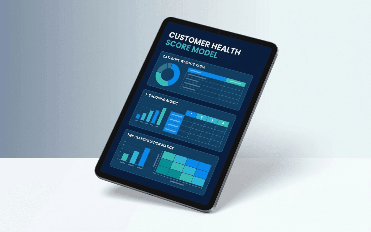 Preview of customer health score template showing signal categories, weights, scoring rubric, and account-level dashboard