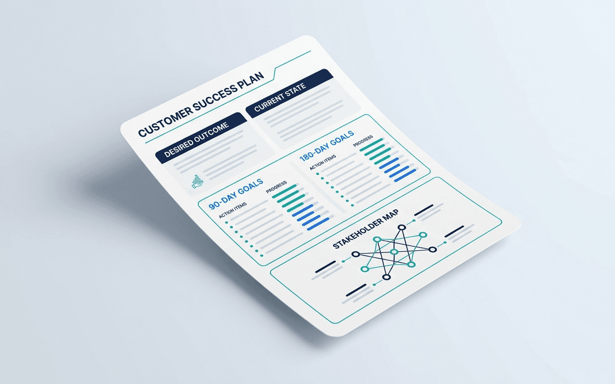 Preview of customer success plan template showing desired outcome, current state, goals, milestones, owners, and success criteria