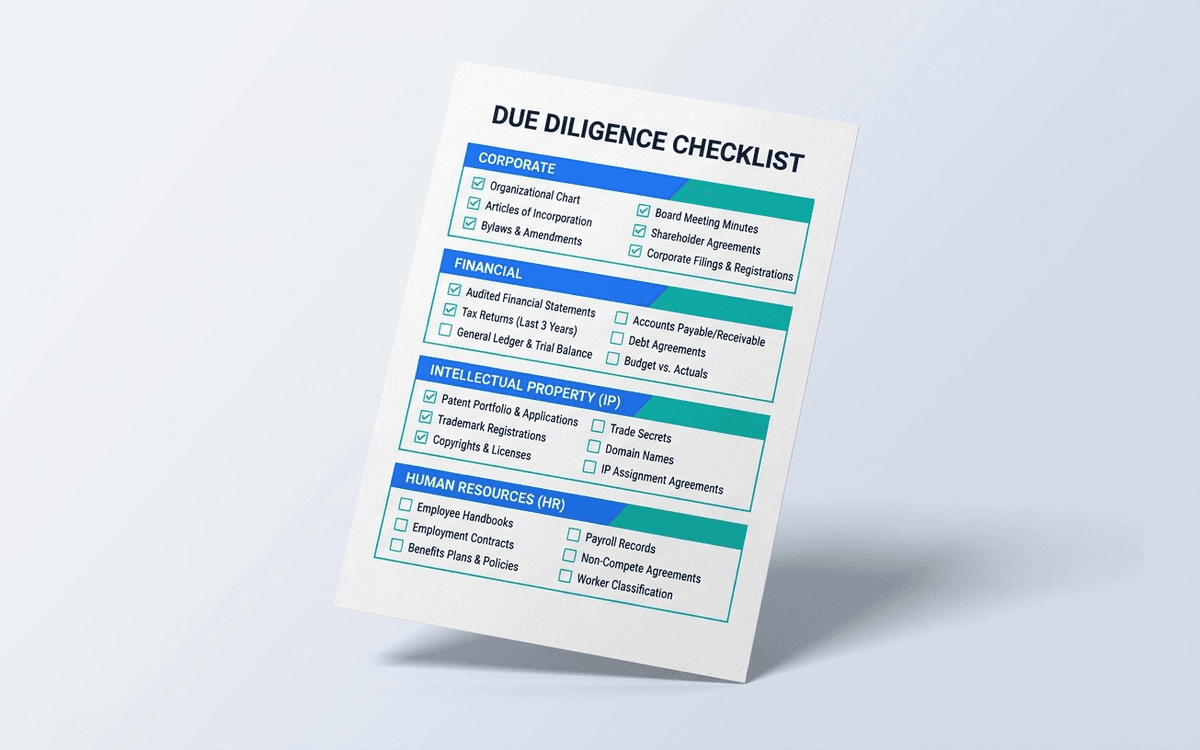 Preview of due diligence checklist template showing corporate, financial, IP, HR, commercial, and technology section headings with document line items
