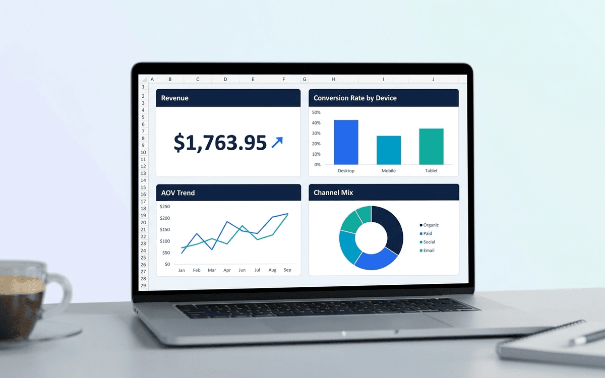 Preview of ecommerce dashboard template showing revenue, AOV, conversion rate, cart abandonment, channel mix, and cohort retention