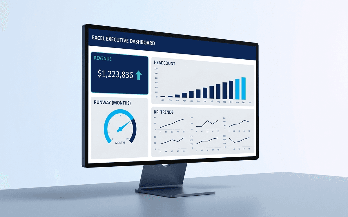 Preview of executive dashboard template showing revenue tile, runway, headcount, customer count, and trend charts