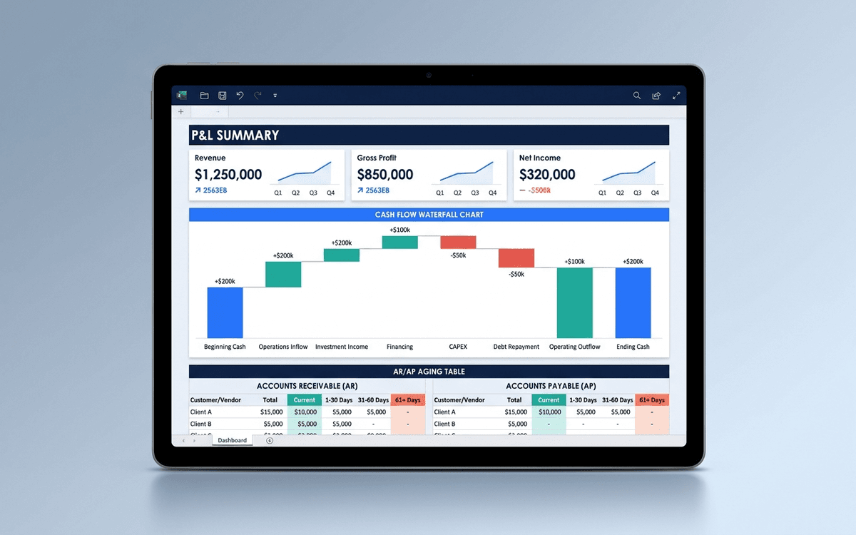 Preview of financial dashboard template showing P&L summary, cash flow waterfall, runway, AR/AP aging, and key financial ratios