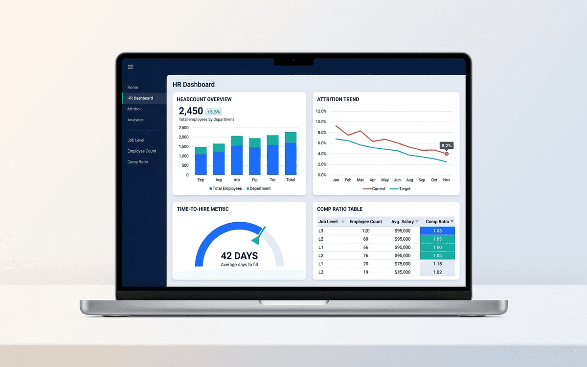 Preview of HR dashboard template showing headcount, attrition, time-to-hire, open roles, comp ratio, and engagement metrics