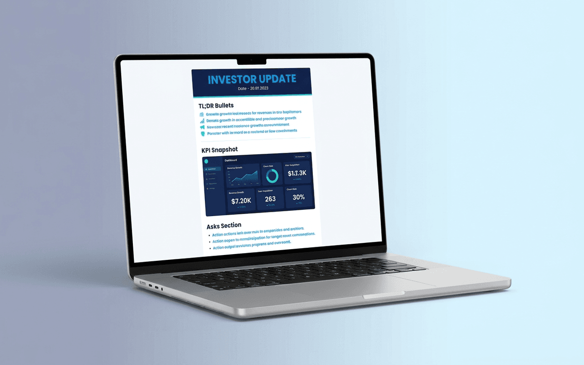 Preview of investor update email template showing headline metrics, wins, lowlights, asks, runway, and team-update sections