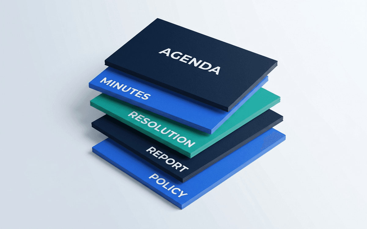 Board Operating Kit cover image with stacked previews of agenda, minutes, resolution, and board report templates