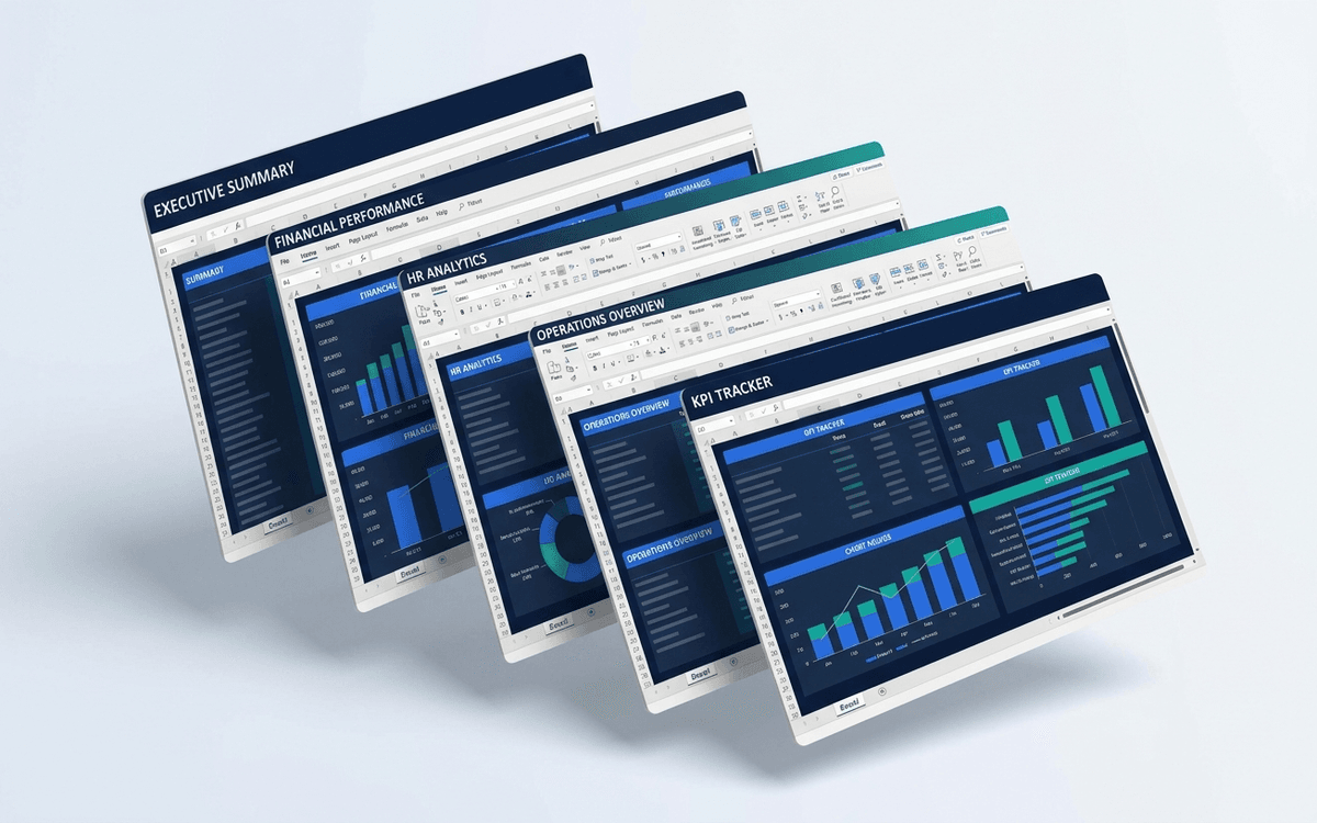 Executive Suite Kit cover image with stacked previews of executive, financial, HR, operations, and KPI dashboard templates