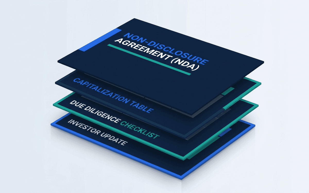 Fundraising Kit cover image with stacked previews of NDA, cap table, due diligence checklist, and investor update templates