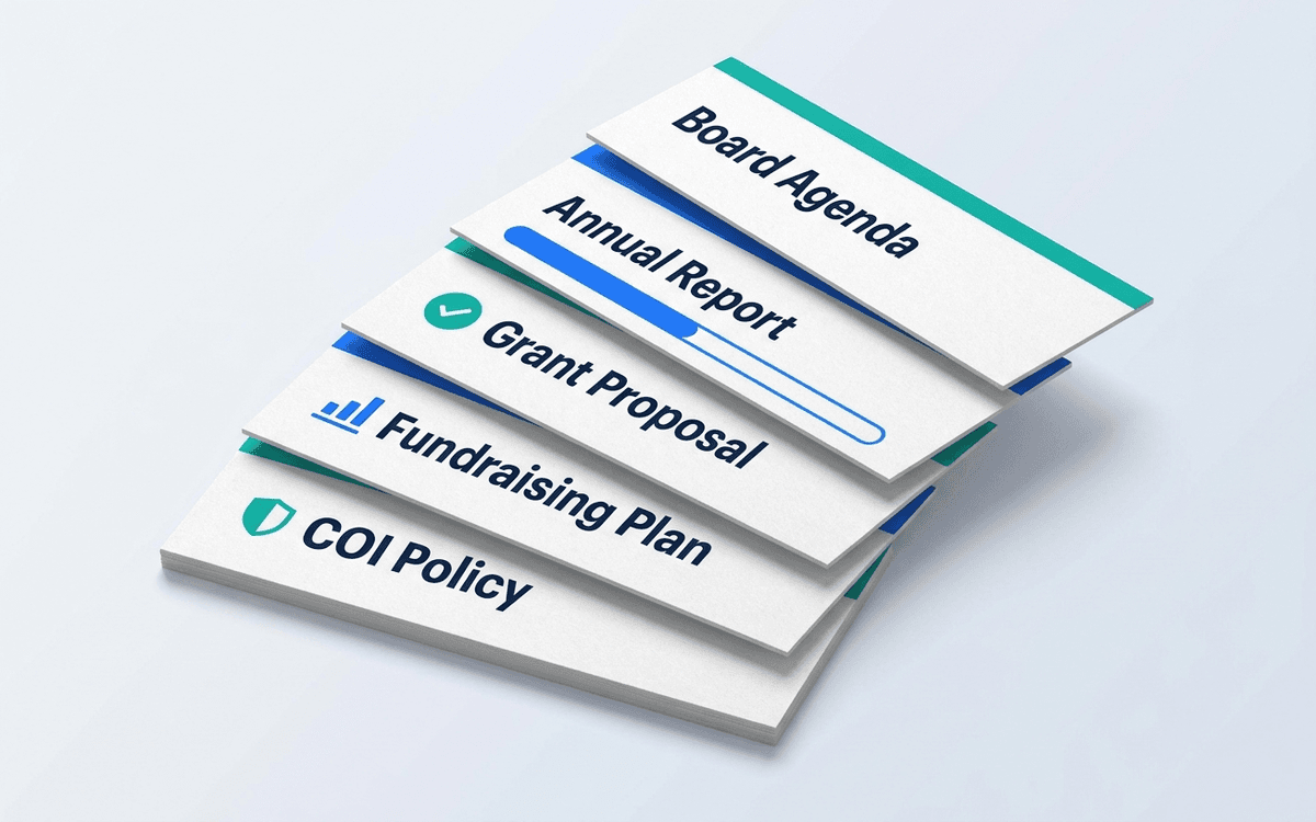 Nonprofit Board Kit cover image with stacked previews of board agenda, annual report, grant proposal, fundraising plan, and COI policy templates