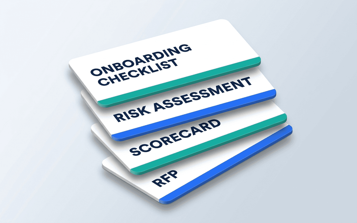 Vendor Management Kit cover image with stacked previews of RFP, vendor scorecard, and risk assessment templates