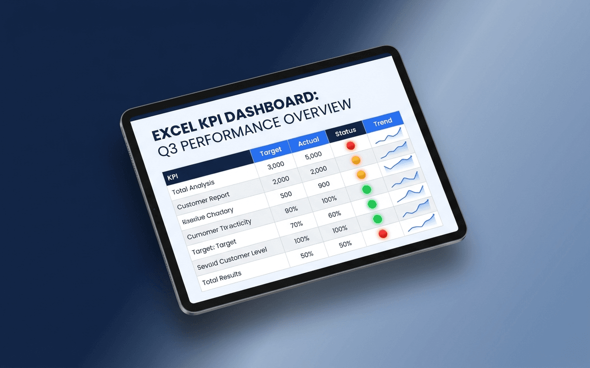 Preview of KPI dashboard template showing traffic-light status, target vs. actual, and trend sparklines for leading and lagging indicators