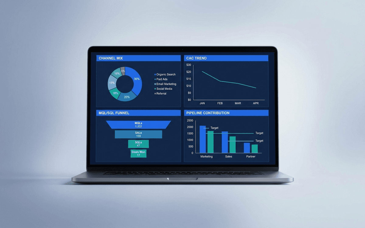 Preview of marketing dashboard template showing channel mix, CAC trend, MQL/SQL funnel, pipeline contribution, and ROI by program