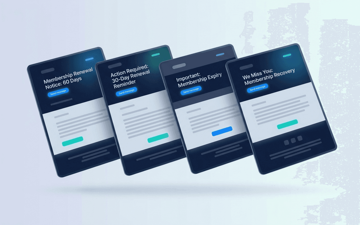 Preview of membership renewal email sequence with 60-day, 30-day, expiry, and grace-period messages