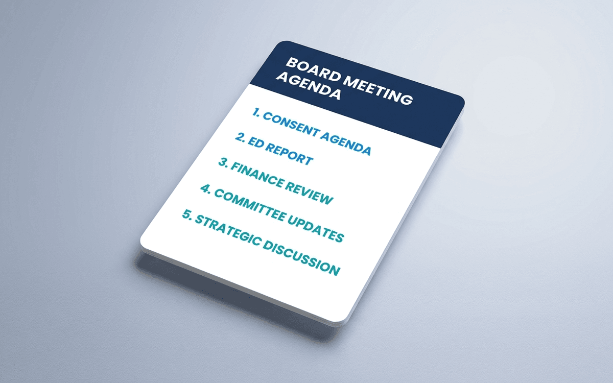 Preview of nonprofit board meeting agenda template showing consent agenda, ED report, finance, committee updates, strategic discussion, and executive session blocks