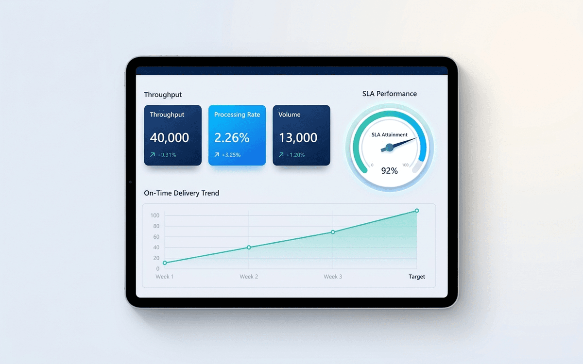 Preview of operations dashboard template showing throughput, SLA attainment, on-time delivery, quality, and capacity utilization charts