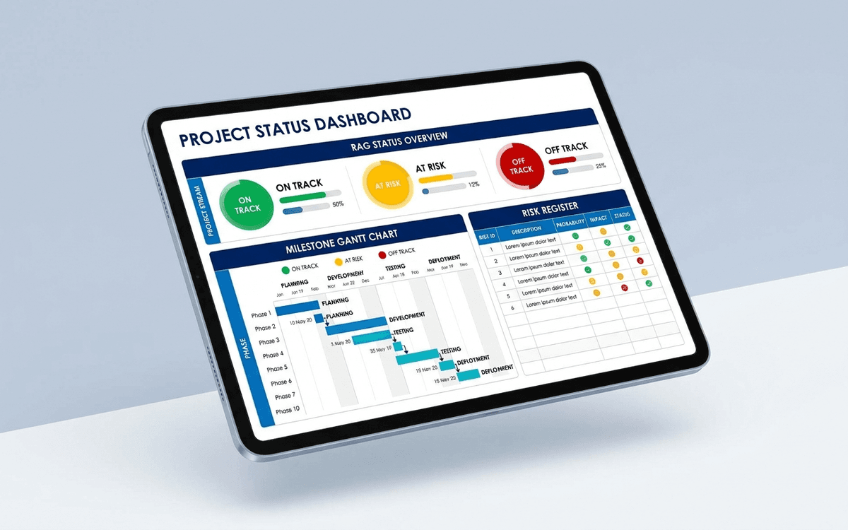 Preview of project status dashboard template showing milestone Gantt, RAG status by workstream, budget variance, and risk register
