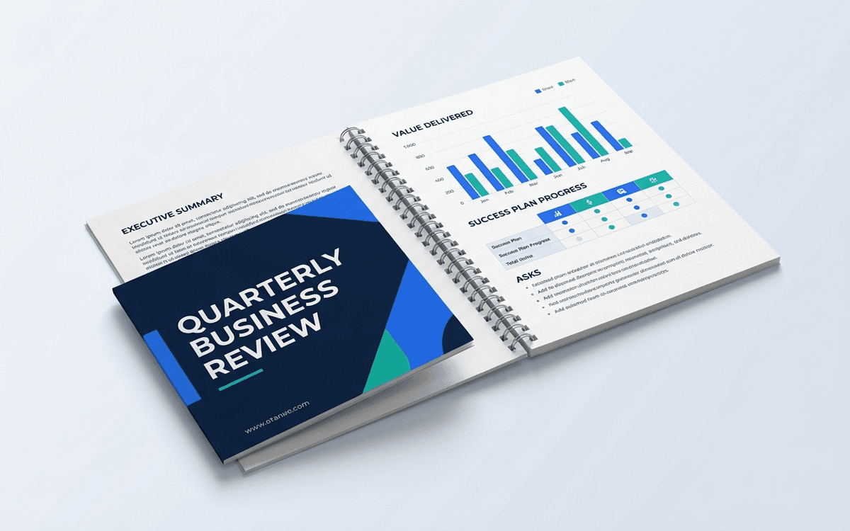 Preview of QBR template showing executive summary, value delivered, success plan progress, expansion opportunities, and asks sections