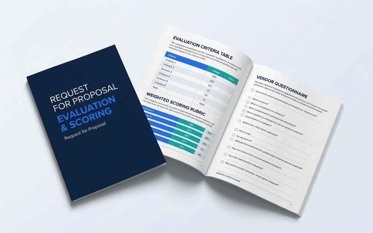 Preview of RFP template showing project background, requirements, evaluation criteria, weighted scoring rubric, and submission timeline sections