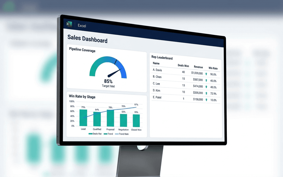 Preview of sales dashboard template showing pipeline coverage, win rate by stage, sales cycle, rep performance leaderboard, and forecast accuracy