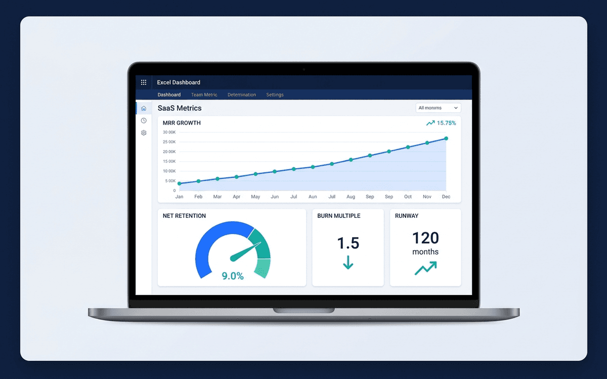 Preview of startup metrics dashboard template showing MRR/ARR, growth, net retention, burn multiple, magic number, runway