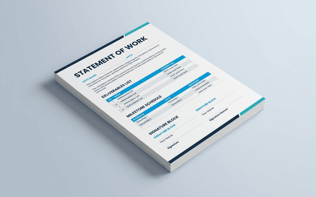 Preview of statement of work template showing project description, deliverables, milestones, payment schedule, and acceptance criteria sections