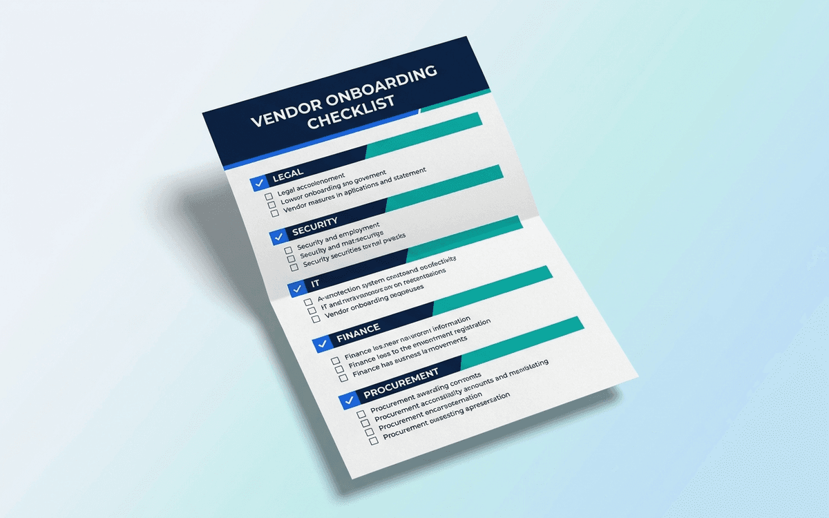 Preview of vendor onboarding checklist template showing legal, security, IT, finance, and procurement gate sections with check items