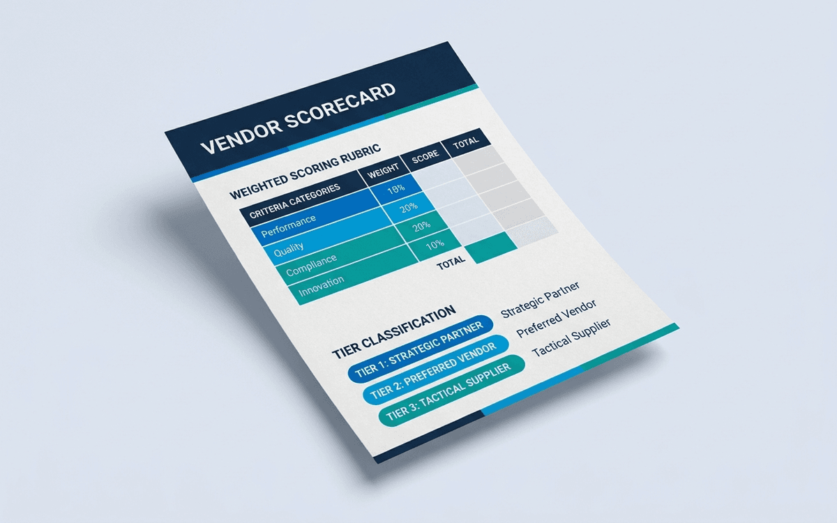 Preview of vendor scorecard template showing scoring matrix across delivery, quality, responsiveness, cost, risk, and overall rating